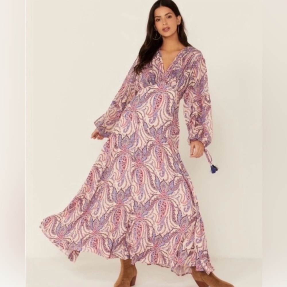 Free People Bohemian Western Gypsy Pink Purple Paisley Floral Mirage Maxi Dress